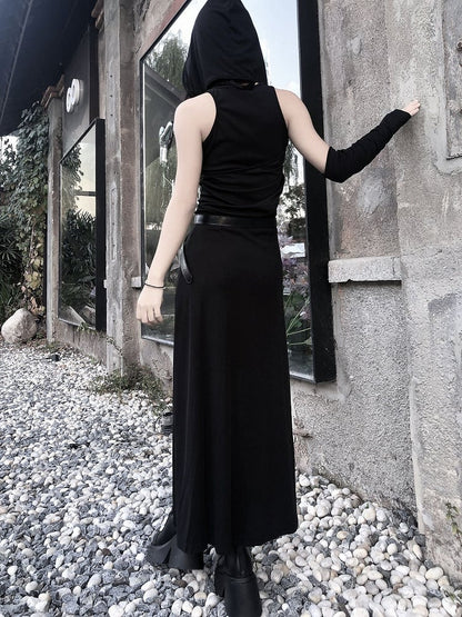 Thigh-high Slit Black Gothic Hooded Dress