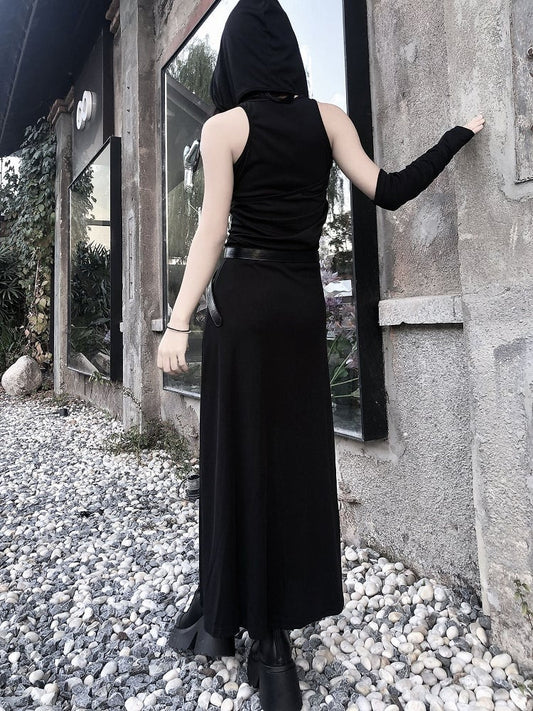 Thigh-high Slit Black Gothic Hooded Dress