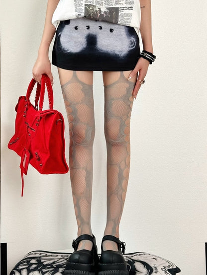 Gray/White/Dark Pink/Black/Red Cut-out Design Suspender Stockings