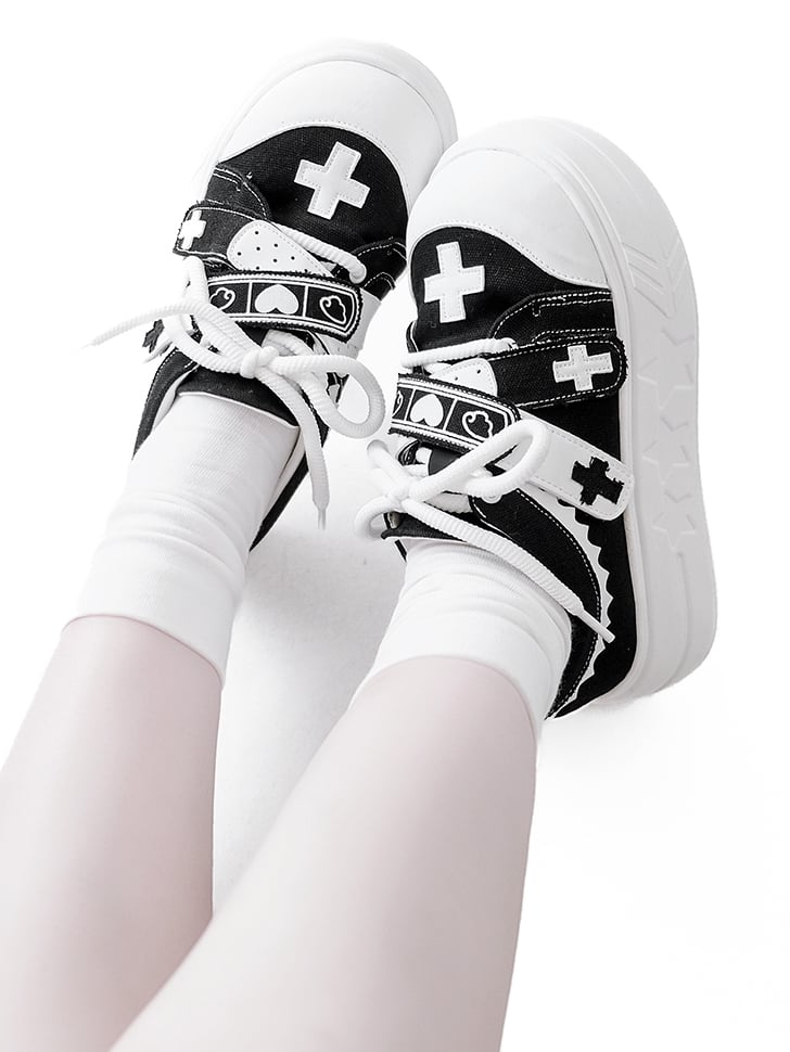 Black Yami Kawaii Cross Applique Crisscross Velcro Strap Closures Platform Sneakers