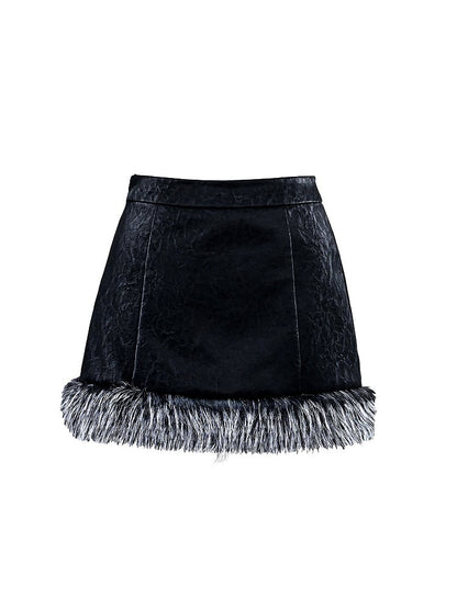 Plush Hem Black Punk PU Skirt