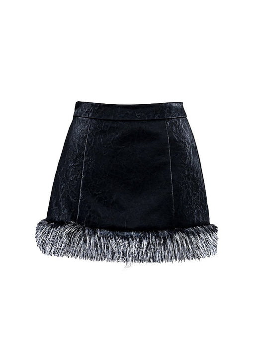 Plush Hem Black Punk PU Skirt