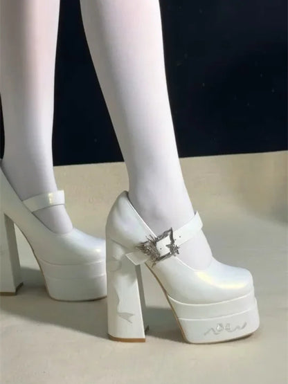 Bowknot Embroidery Butterfly-shaped Buckle White Platform Mary Janes High Block Heels