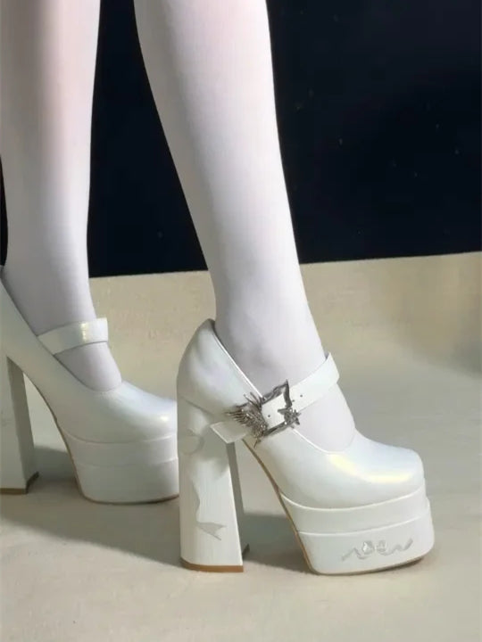 Bowknot Embroidery Butterfly-shaped Buckle White Platform Mary Janes High Block Heels