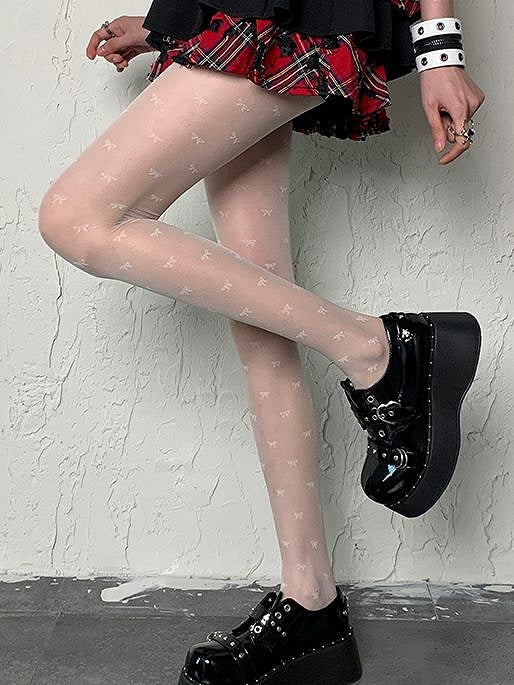 White Bowknot Print Y2K Tights