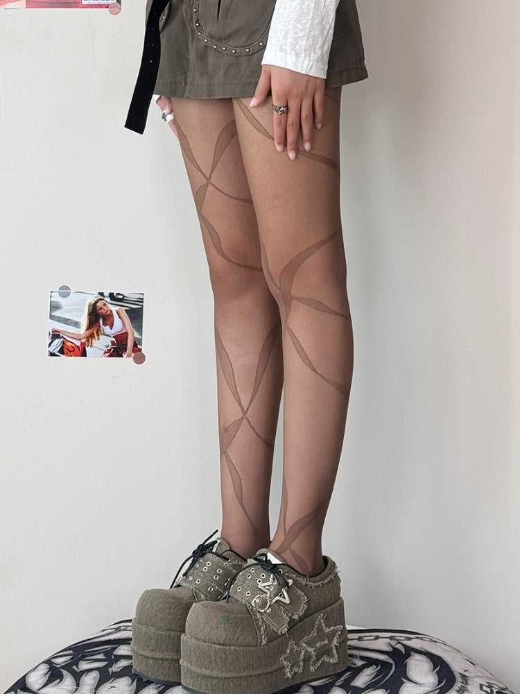 Black/Whiye/Brown/Gray Ribbon Print Tights