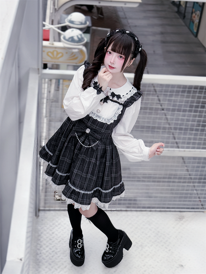 Vintage Academia Dress: Jirai Kei Gray Plaid with Peter Pan Collar & Big Waist Bow