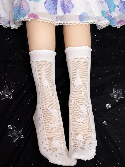 White Hollow-out Details Calf Socks