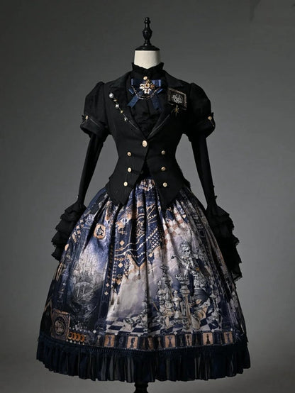 Dark Blue Corset Belt Waist Chess Theme Print Lolita Skirt