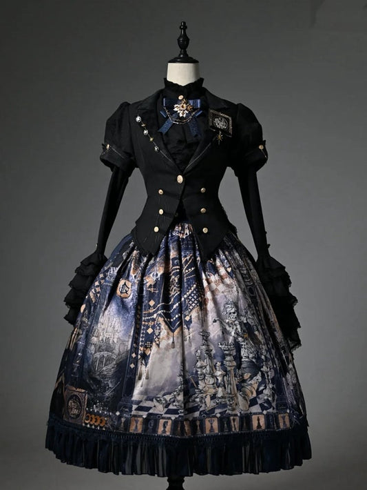Dark Blue Corset Belt Waist Chess Theme Print Lolita Skirt