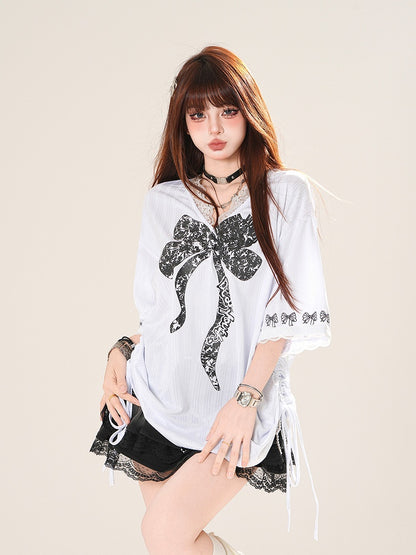 Big Bow Print Lace Trim Drawstring Side Black/White V-neck T-shirt