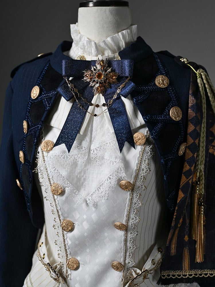 Ouji Fashion Lolita Knight Outfit - White Long Sleeves Top + Dark Blue One-shoulder Cape Tailcoat