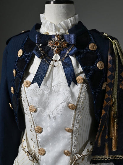 Ouji Fashion Lolita Knight Outfit - White Long Sleeves Top + Dark Blue One-shoulder Cape Tailcoat