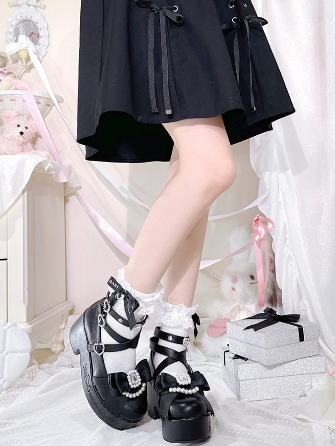 Jirai Kei Matte Black Beaded And Rhinestone Decorated Bow at Top Platform High Block Heels