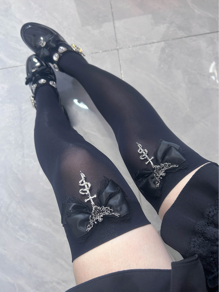 Gothic Black Metal Snake Bowknot Accents Jirai Kei Over Knee Stockings Regular/Long Version