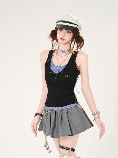 Black and Blue Plaid Faux Two-pieces Slim-fitting Tank Top