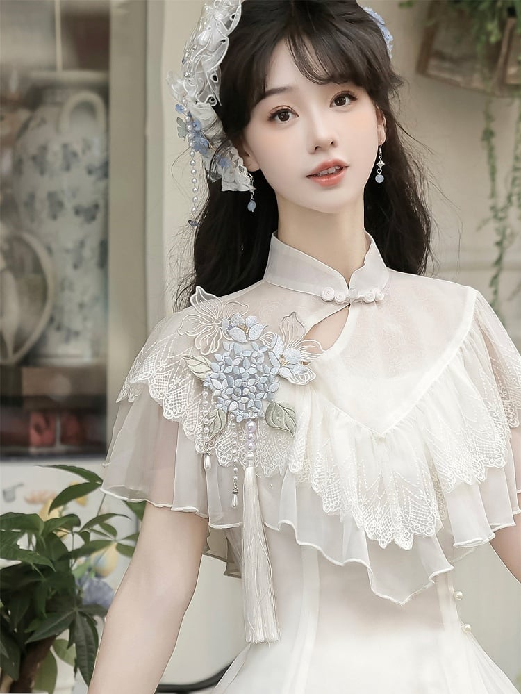 Short Version Hydrangea Print White Elegant Classic Lolita Dress with Lace Shawl