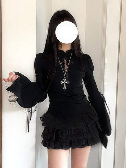 Black Three-Tiered Lace Trim Mini Skirt