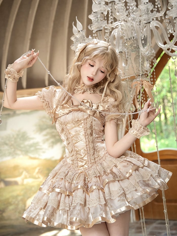Bunny and Kitty Print Champagne Short Puff Sleeves Lolita Corset Dress