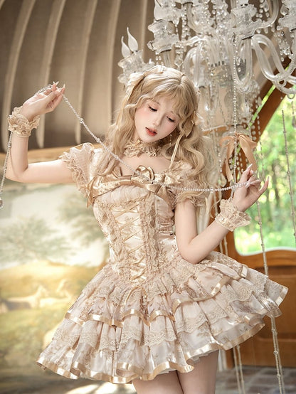 Bunny and Kitty Print Champagne Short Puff Sleeves Lolita Corset Dress