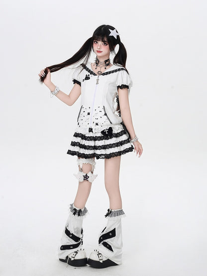 Bunny Ears Design Hood Lace Trim Black/White Jirai Kei Zip-up Jacket