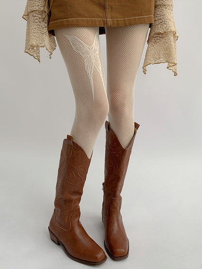 Butterfly Creamy White / Black Tattoo Fishnet Tights
