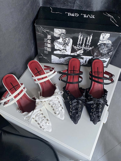 Black Lace-up Detail Pointed Toe Gothic Slingback Sandals