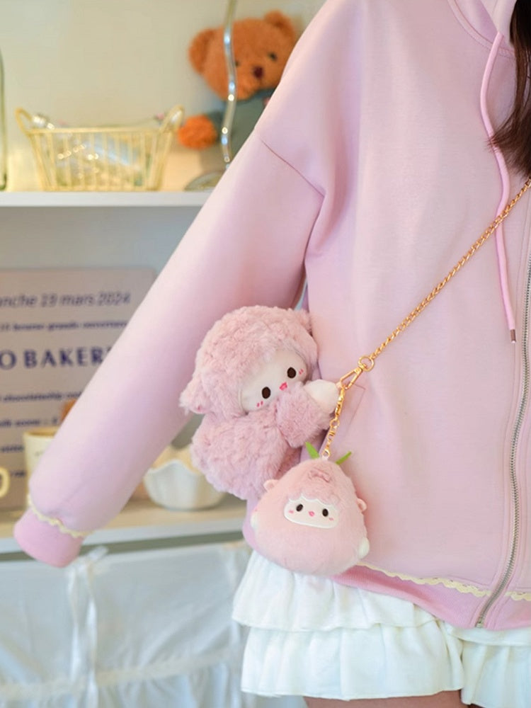 Cute Little Lamb Pink Plush Backpack/Crossbody Bag + Keychain