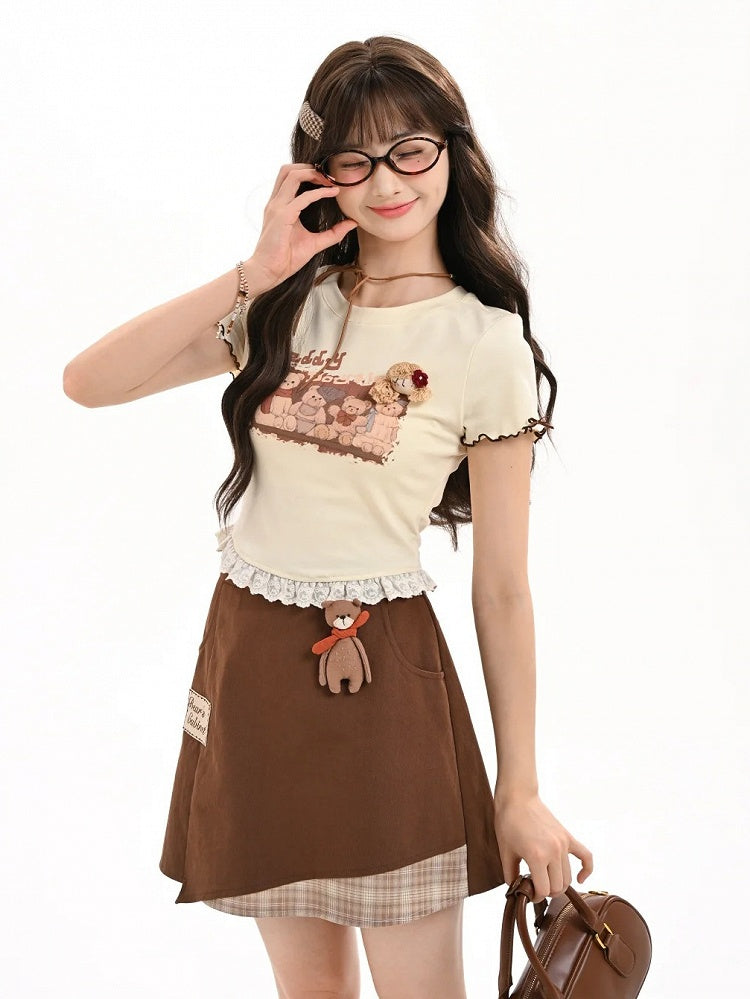 Vintage Teddy Bear Print Lettuce Cuffs Lace Hem Apricot T-shirt