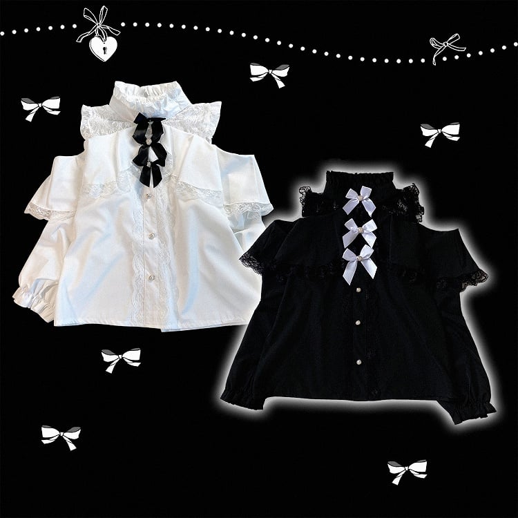 Black/White Jirai Kei Illusion Neckline Blouse with Cut-Out Shoulder with Bow Decor