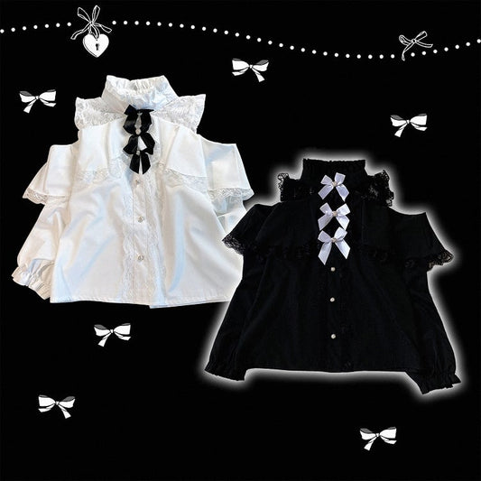 Black/White Jirai Kei Illusion Neckline Blouse with Cut-Out Shoulder with Bow Decor