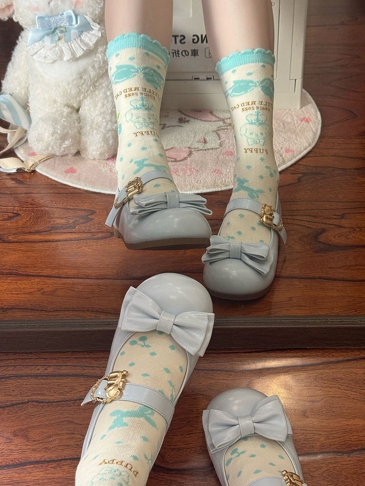 Sky Blue Bow at Top Sweet Lolita Flats with Hugging Bear Heart Buckles