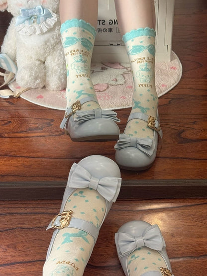 Sky Blue Bow at Top Sweet Lolita Flats with Hugging Bear Heart Buckles