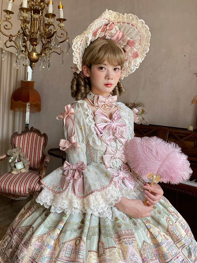 Cream/Green/Pink Lace-Trimmed Sweet Lolita Bonnet with Bows