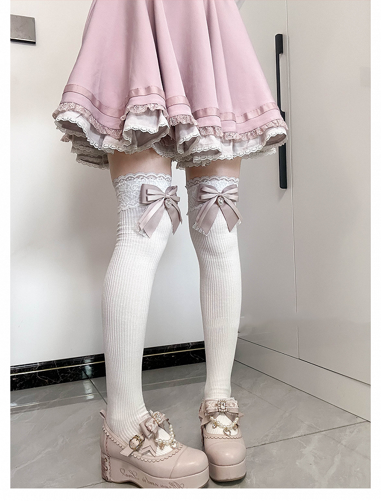 Dusty Pink Bow Detail Front Heart Rhinestone Jirai Kei Over Knee Stockings