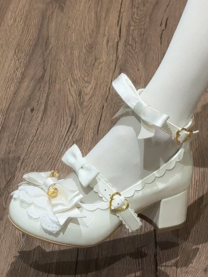 Clearance-Size 39 Sweet Lolita Beige Scoop Decorated Bowknot Details Round-Toe High Block Heels Mary Janes