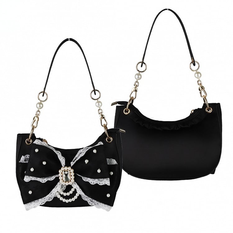 Beads & Rhinestone Decor Bow Accent Satin Black Shoulder Bag in Sweet Lolita