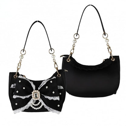 Beads & Rhinestone Decor Bow Accent Satin Black Shoulder Bag in Sweet Lolita