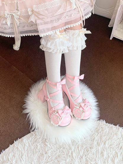 Pink Crisscross Design Bunny Ear Bowknot Sweet Lolita 8CM High Block Heels