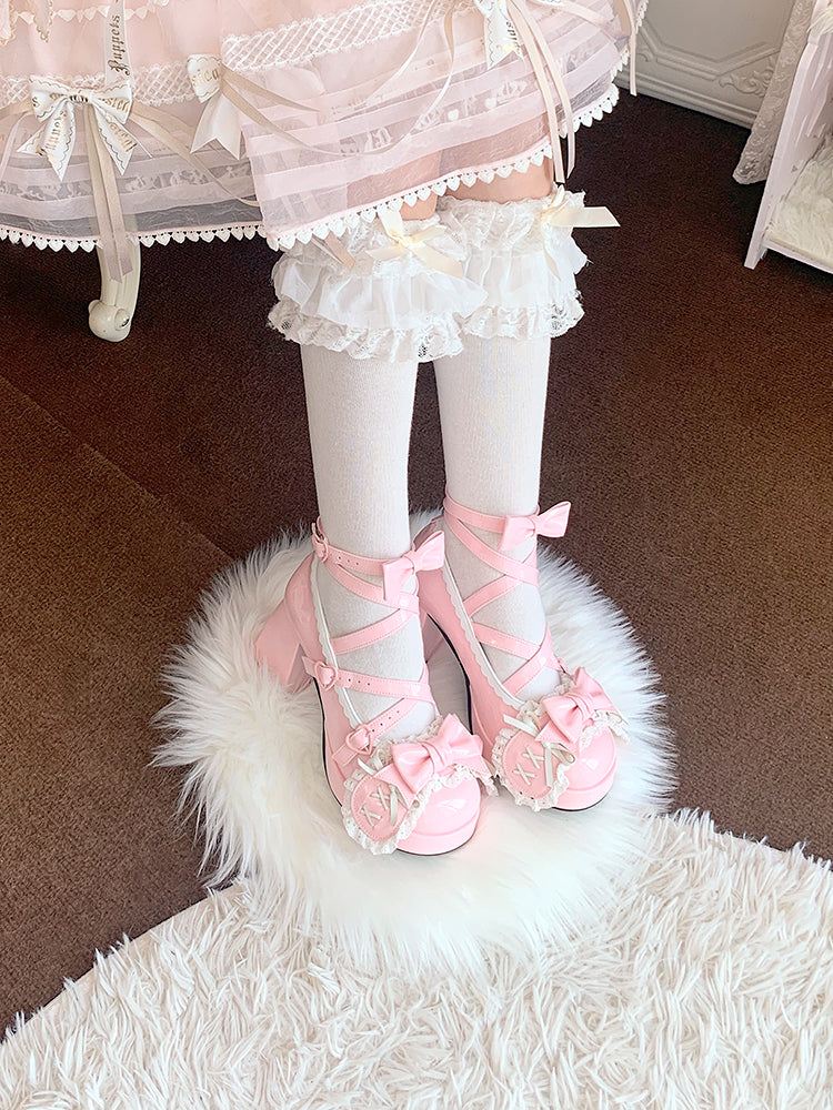 Pink Crisscross Design Bunny Ear Bowknot Sweet Lolita 8CM High Block Heels