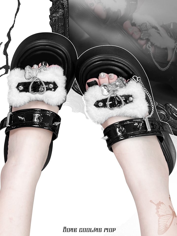 Bone Design Studs Decorated Black and White Punk Platform Slippers