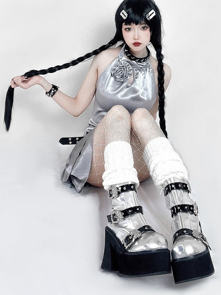 Dragon-shaped Buckle Straps Silver and Black Punk Boots High Block Heel