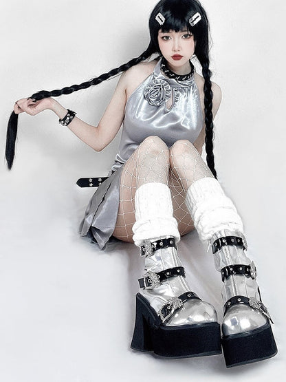 Dragon-shaped Buckle Straps Silver and Black Punk Boots High Block Heel