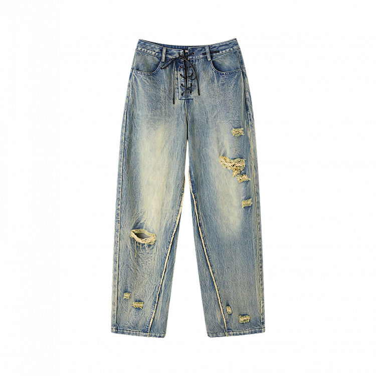 Blue Low Waist Faded Wash Distressed Holes Vintage Jeans with Lace-up Closure