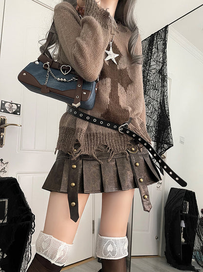 Dark Brown Ita Bag with Chain and Heart Charm