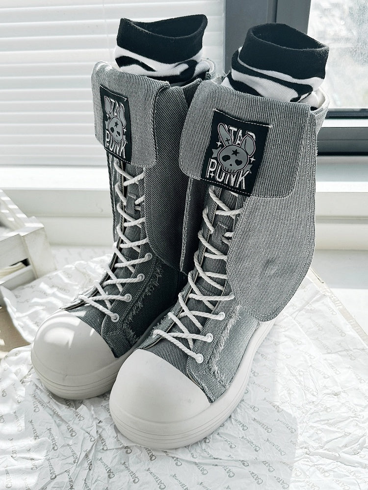 Bunny Ear Details, Raw Hem & Secure Fastening Gray Mid-Calf Boots in Punk Style