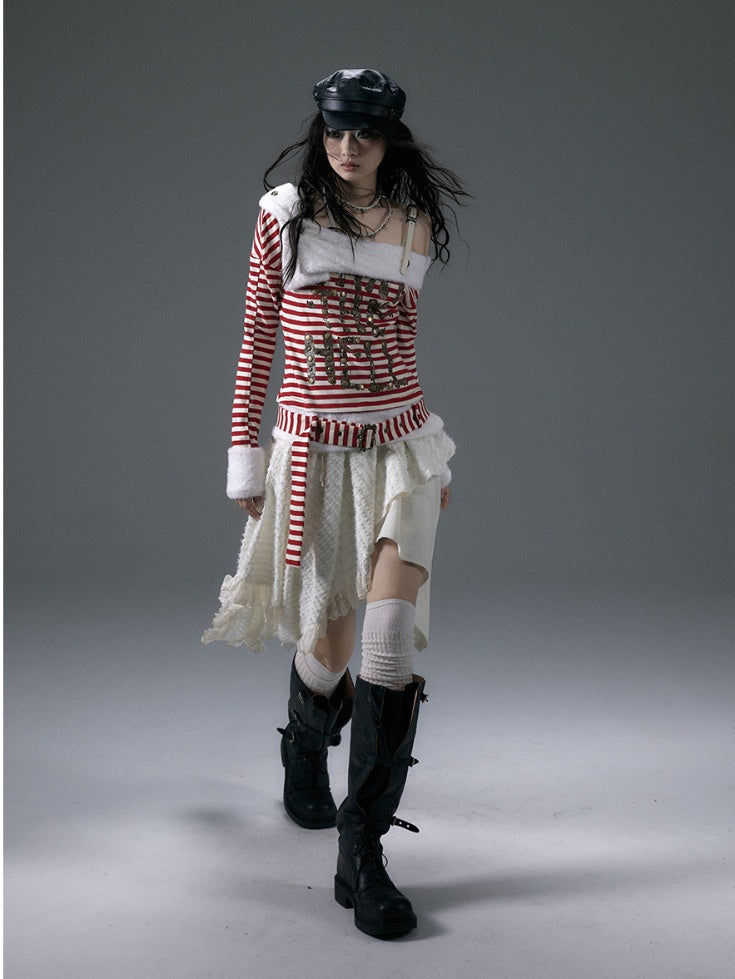 Red&White/Black&White Stripes Letter Print Top with Detachable Plush Collar