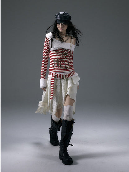 Red&White/Black&White Stripes Letter Print Top with Detachable Plush Collar