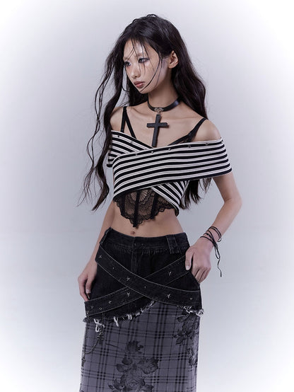 Black and White Off-the-shoulder Neckline Studded Striped Strapless Top