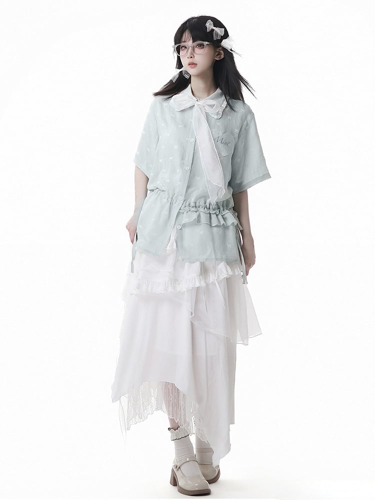 Light Green Drawstring Waist Allover Bowknot Embroidery Short Sleeves Shirt